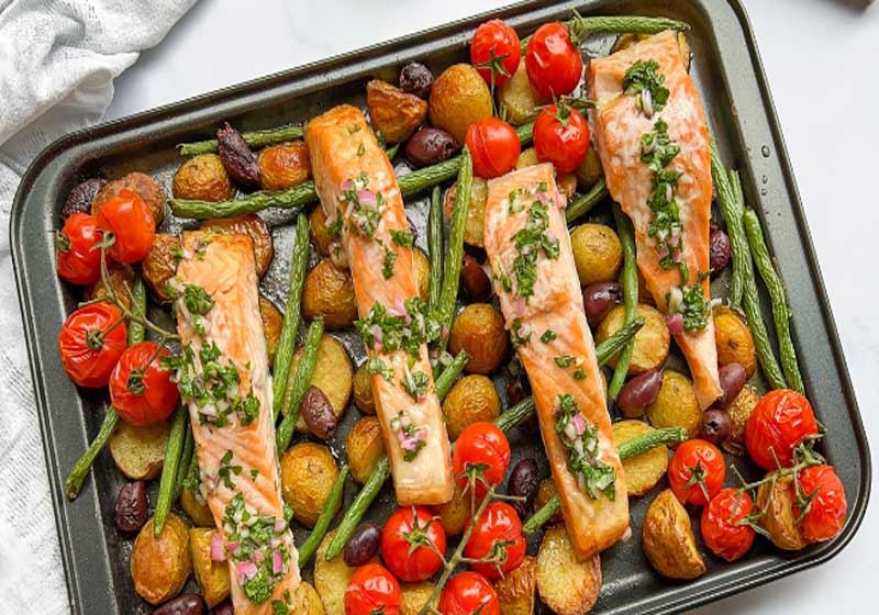 Salmon Tray Bake with Herb Salsa and Vegetables