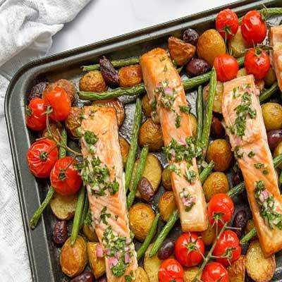 Salmon Tray Bake with Herb Salsa and Vegetables