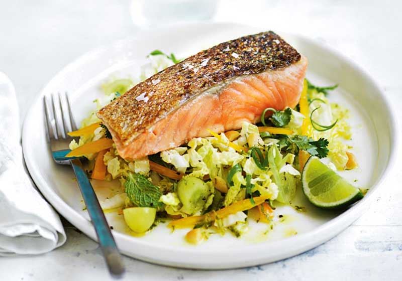 Salmon with Crunchy Slaw and Macadamias