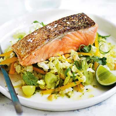 Salmon with Crunchy Slaw and Macadamias