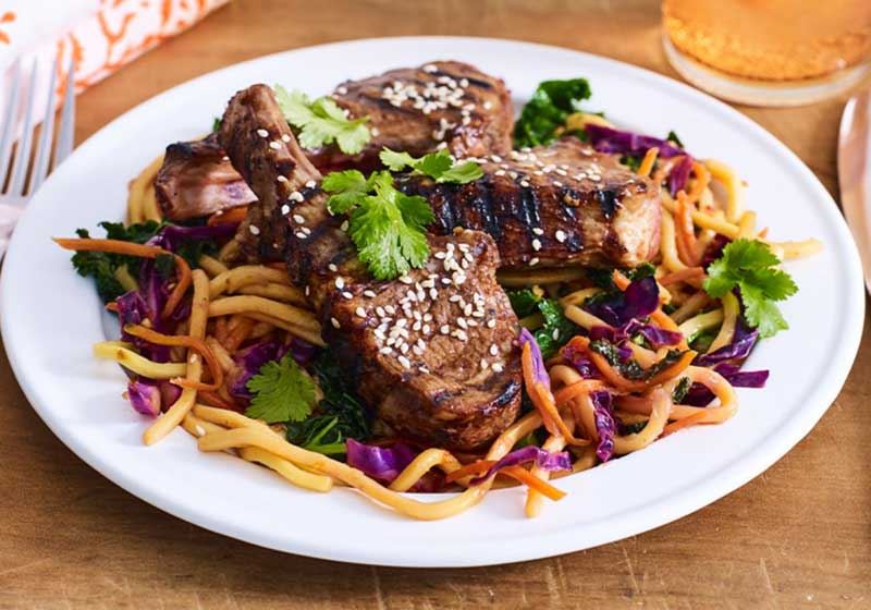 Spicy Plum Lamb Cutlets and Noodle Sitr-fry