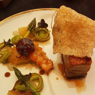 Pork Belly, Langoustine Consomme, Pear, Lychee and Asparagus - Chef Recipe by Dan Marsalek