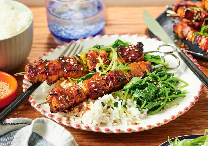 Pork Belly Yakitori and Sesame Spinach