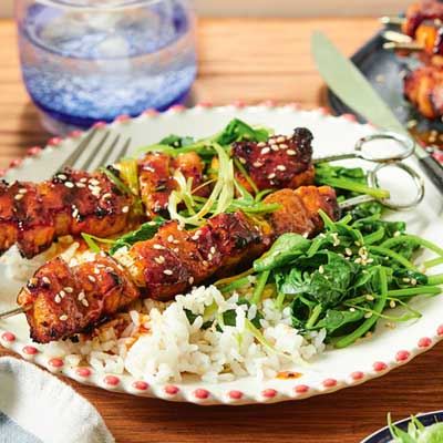 Pork Belly Yakitori and Sesame Spinach
