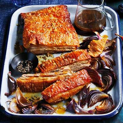 Slow-roasted Pork Belly and Red Wine Poached Pear Salad