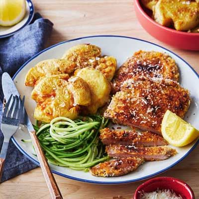 Crusted Sizzle Steaks, Crispy Potatoes and Zucchini