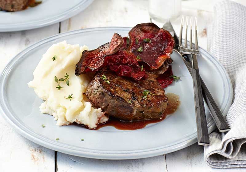 Pan-fried Beef Fillet, Horseradish Mash and Beetroot Chips