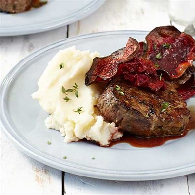 Pan-fried Beef Fillet, Horseradish Mash and Beetroot Chips