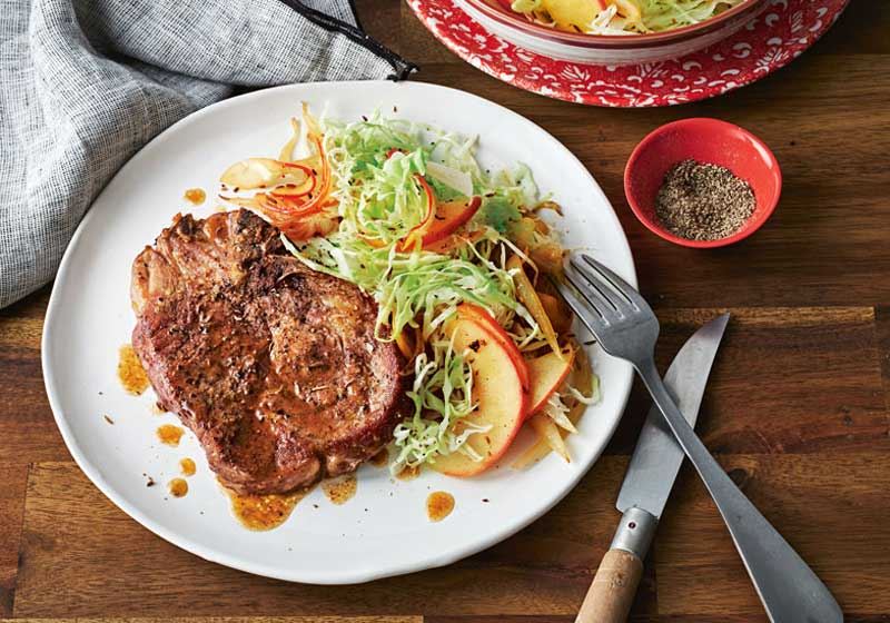 Pork Cutlets with Warm Apple and Cabbage Slaw