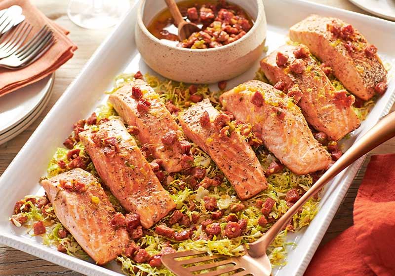 Oven-roasted Salmon, Brussels Sprouts and Chorizo