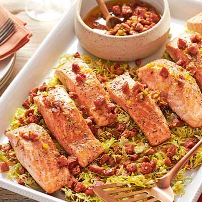 Oven-roasted Salmon, Brussels Sprouts and Chorizo