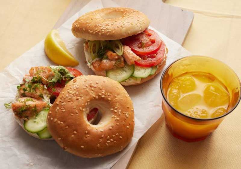 Maple-glazed Salmon and Pickled Cucumber Bagels