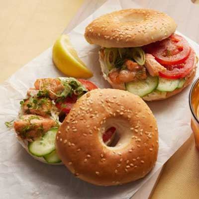 Maple-glazed Salmon and Pickled Cucumber Bagels