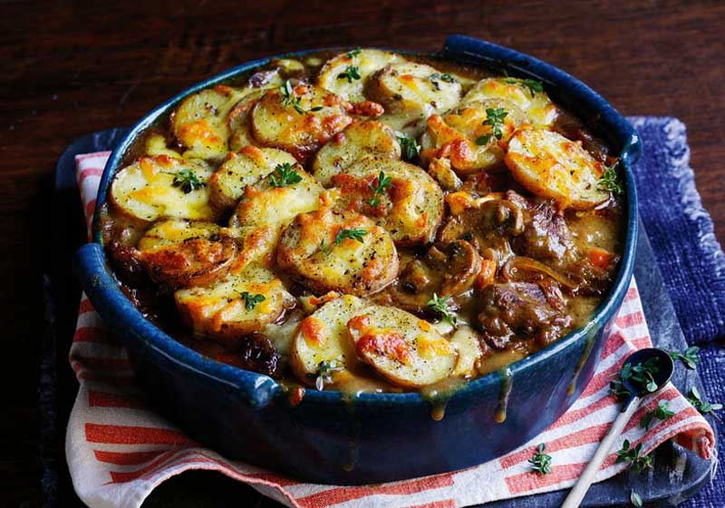 French Onion Beef Casserole with Garlic Butter Potatoes