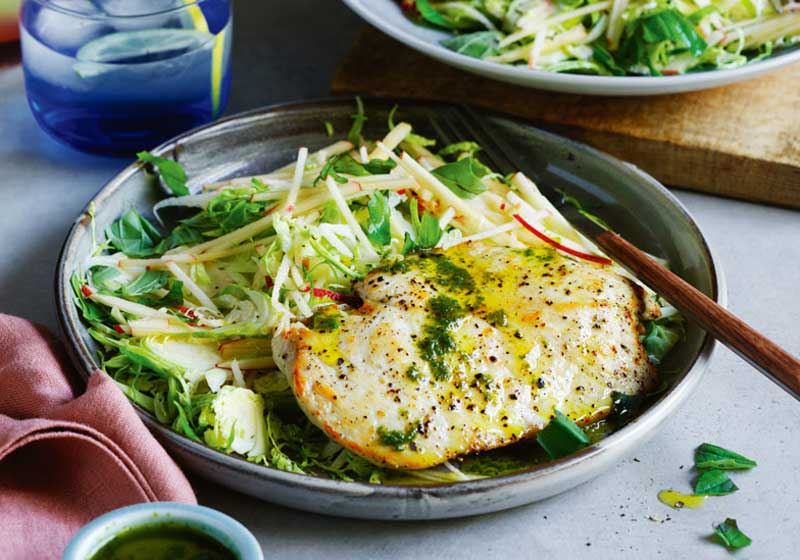 Garlic, Basil Chicken with Apple Slaw