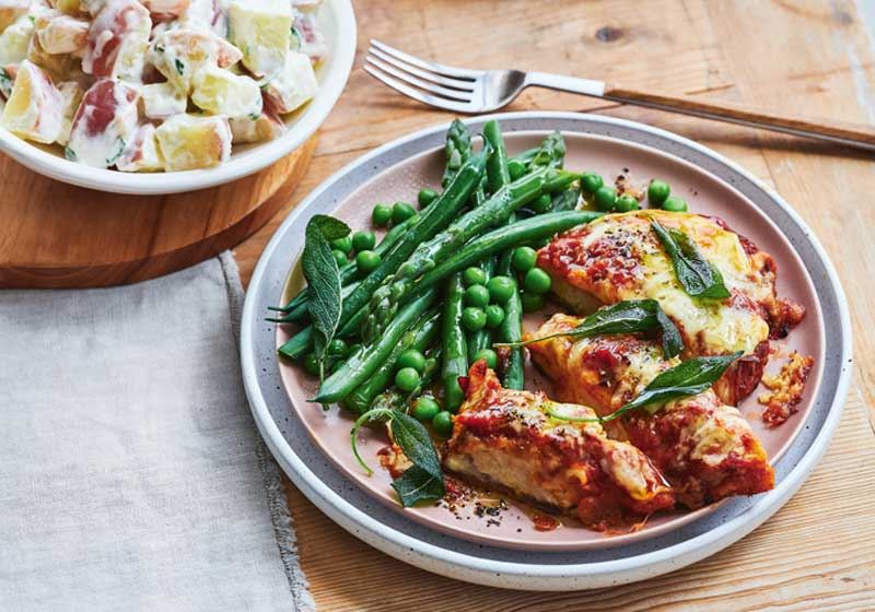 Chicken Parmigiana with Sage, Greens and Potato Salad