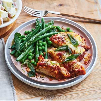 Chicken Parmigiana with Sage, Greens and Potato Salad