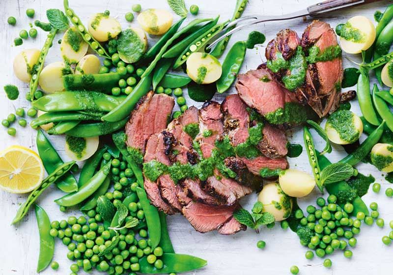 BBQ lamb with Pea Salad and Mint Sauce