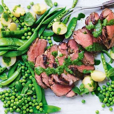 BBQ lamb with Pea Salad and Mint Sauce