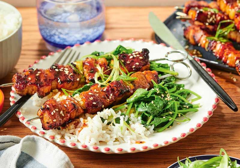 Pork Belly Yakitori with Sesame Spinach
