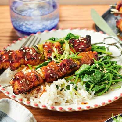 Pork Belly Yakitori with Sesame Spinach