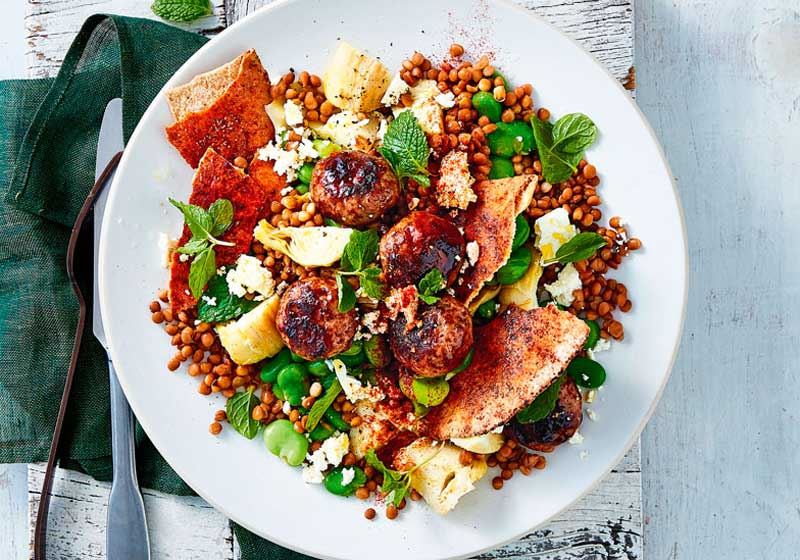 Artichoke and Lentil Salad with Meatballs