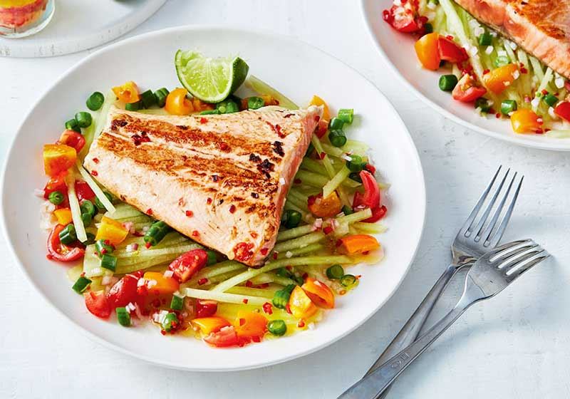 Lime and Chilli Roasted Salmon with Tomato and Melon Salad