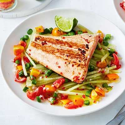 Lime and Chilli Roasted Salmon with Tomato and Melon Salad