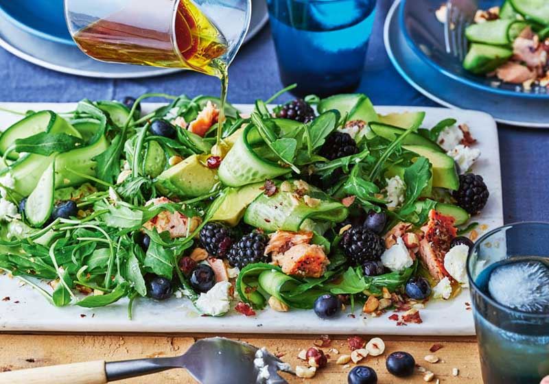Blueberry and Blackberry Salad with Hot Smoked Salmon