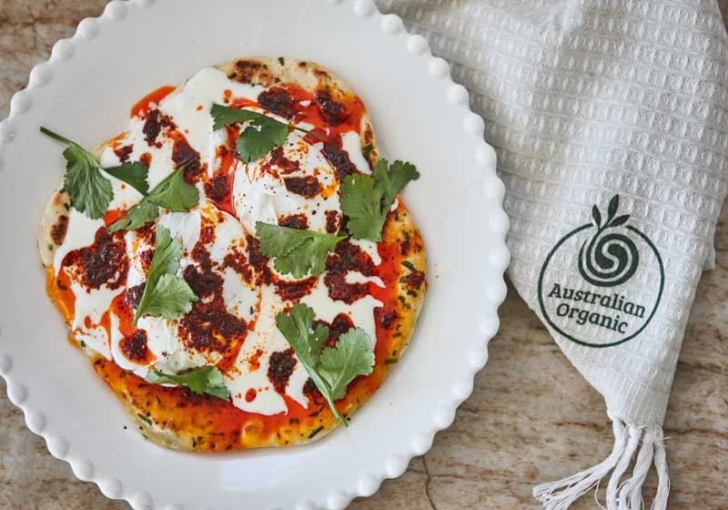 Herb Yoghurt Flatbread, Poached Eggs & Coriander - Chef Recipe by Darren Robertson