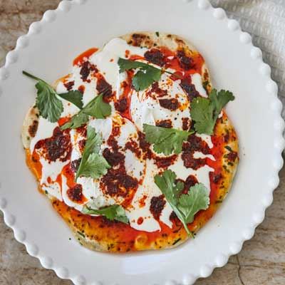 Herb Yoghurt Flatbread, Poached Eggs & Coriander - Chef Recipe by Darren Robertson