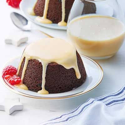 Mini Chocolate Christmas Puddings with Caramel Sauce