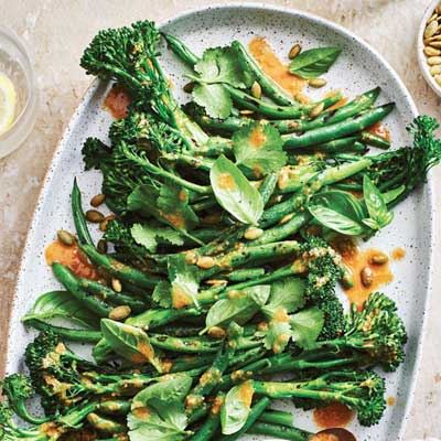 Grilled Miso Green Beans and Baby Broccoli