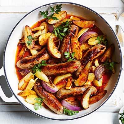 Braised Sausages with Pear and Potatoes