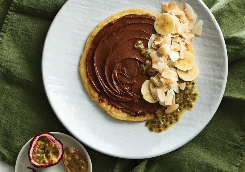 Tropical Banana Pancakes with Nutella, Passionfruit & Toasted Coconut