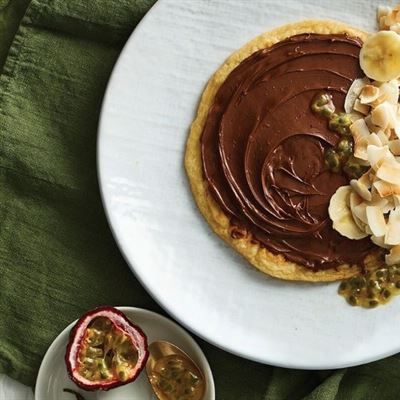 Tropical Banana Pancakes with Nutella, Passionfruit & Toasted Coconut