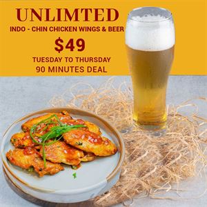 Bottomless Indo-Chin Chicken Wings and Beer $49