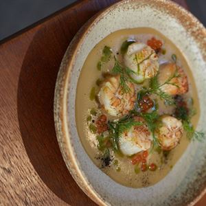 Scallops, Shio Dashi, Jagaima  Purée, Ikura, Shiso oil