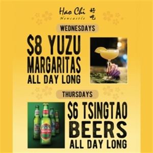 $8 Yuzu Margaritas and $6 Tsingtao Beers 